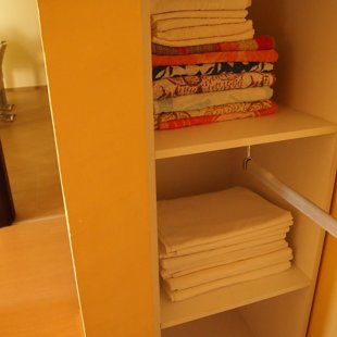 There is a built-in, two - sided, double - railed closet in the bedroom.