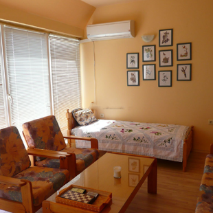 Wall-to-wall French windows in the living room frame the sweeping view.
