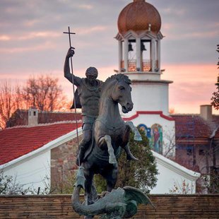 The new ( 2015)  scupture of St. George in front of the monastery of the same name.