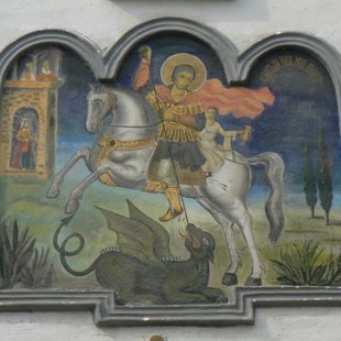 St George - the symbol  of the town - is depicted in this fresco on the  Monastery facade.