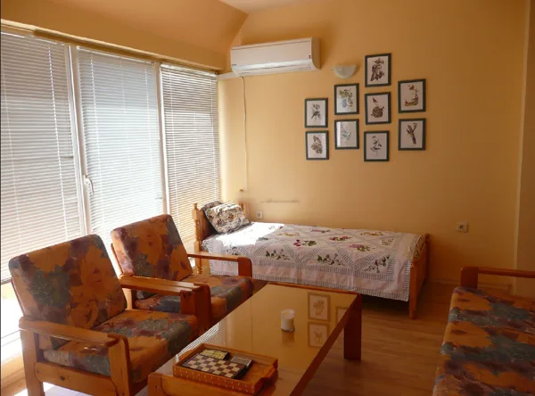 Wall-to-wall French windows in the living room frame the sweeping view.