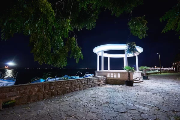 The  iconic gazebo at the sea promenade is inviting day and night.