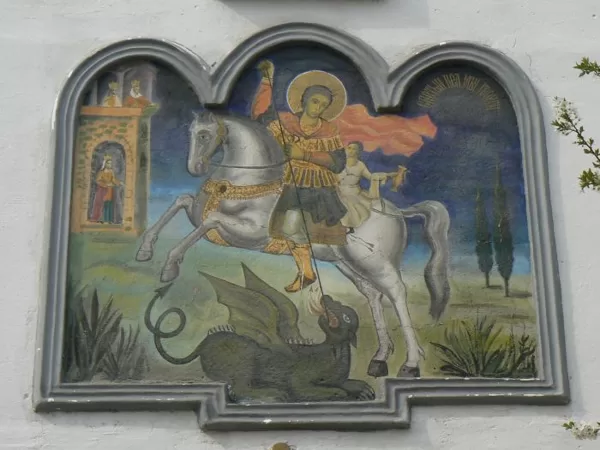 St George - the symbol  of the town - is depicted in this fresco on the  Monastery facade.